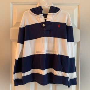 Polo Ralph Lauren Henley Hoodie Navy White Stripe youth 7 front pocket 2 button